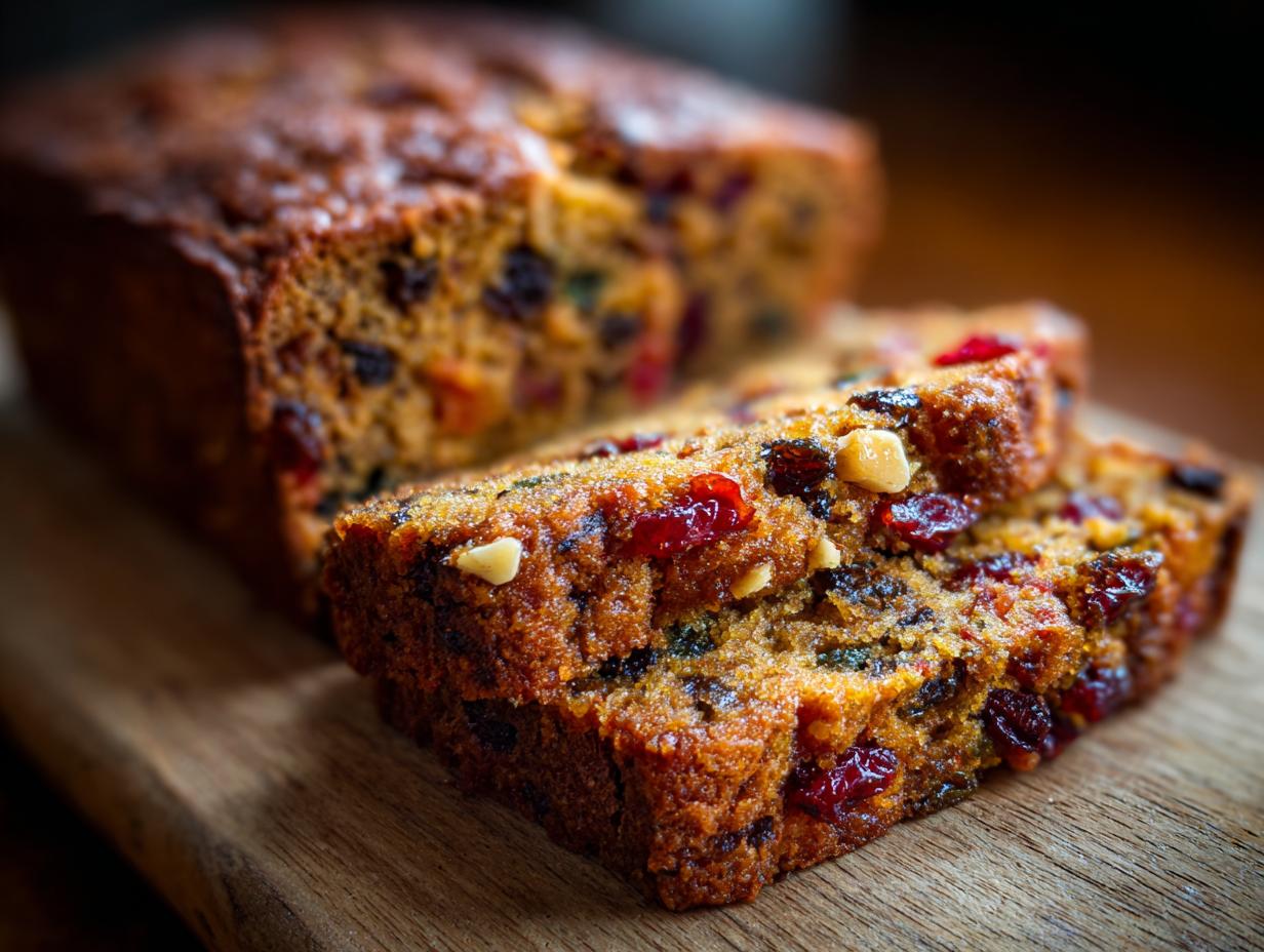Close-up of two thick slices of homemade fruit cake, rich with dried cherries and nuts, resting on a wooden board.
