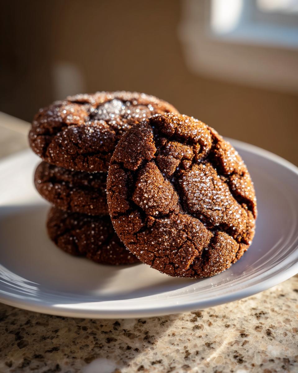 Close-up of a stack of dark, crinkled ginger molasses cookies coated in sparkling sugar crystals.