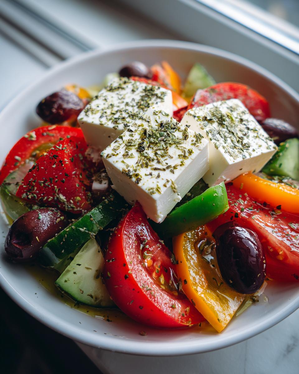 Close-up of a vibrant greek salad featuring large blocks of feta cheese topped with oregano, tomatoes, cucumbers, peppers, and Kalamata olives.