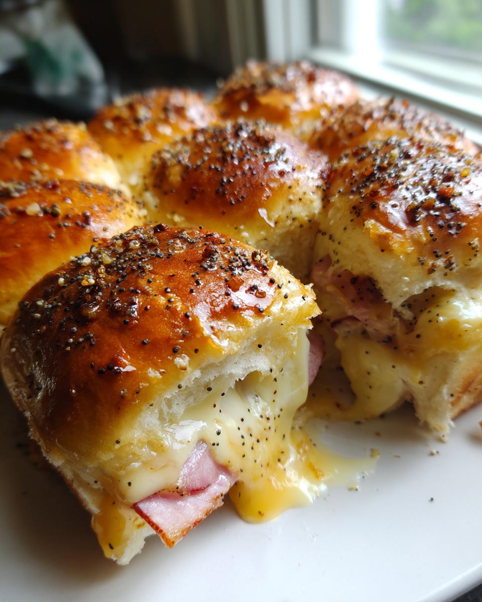 Close-up of baked Ham and Cheese Sliders with melted cheese oozing out, topped with poppy seeds.