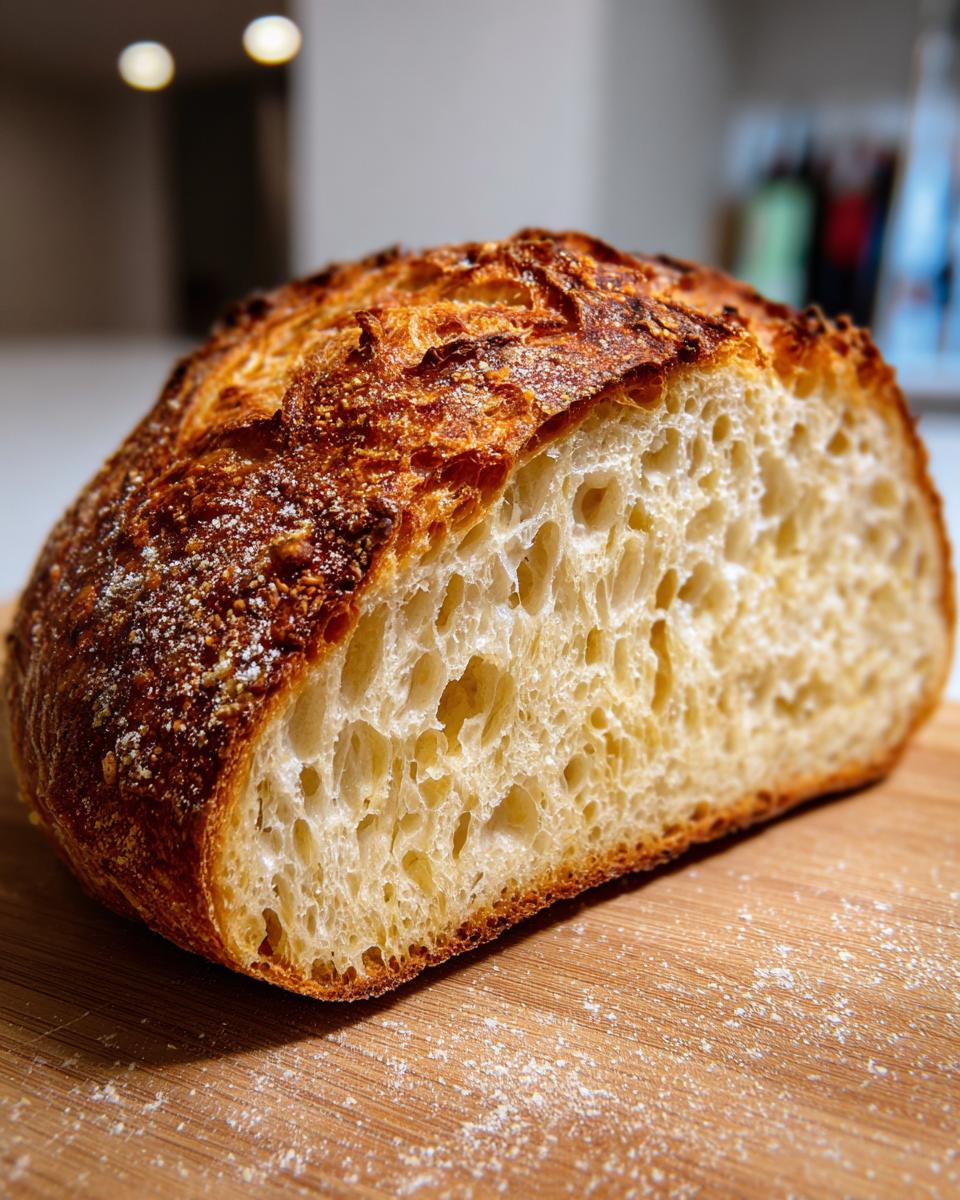 Close-up of a freshly baked Italian bread loaf, cut to show the airy, open crumb structure and dark, crispy crust.