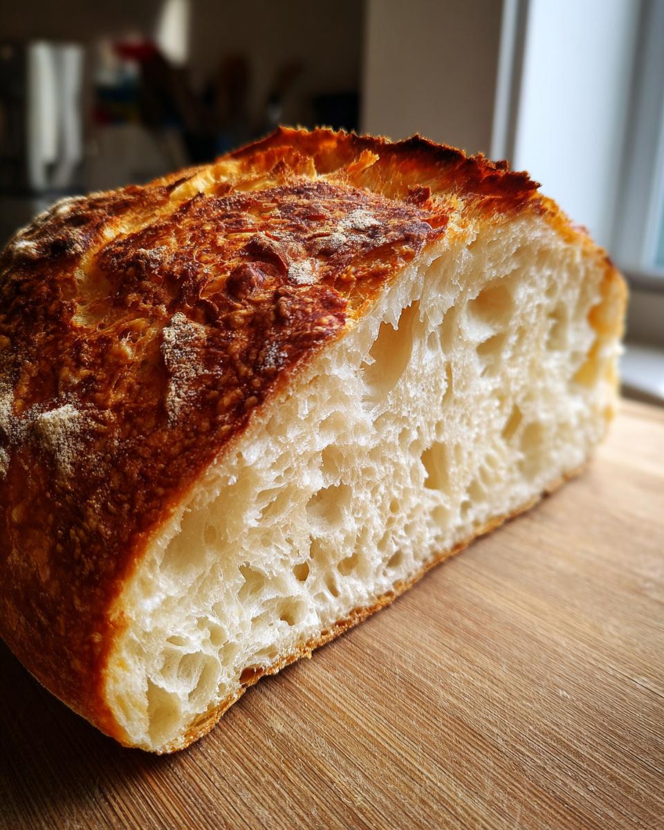 Cross-section of amazing Italian bread showing an open, airy crumb structure and a deeply browned, crisp crust.