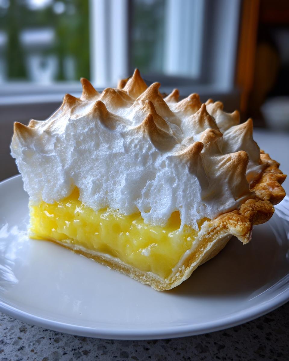 A thick slice of lemon meringue pie showing bright yellow filling and tall, perfectly browned meringue peaks.