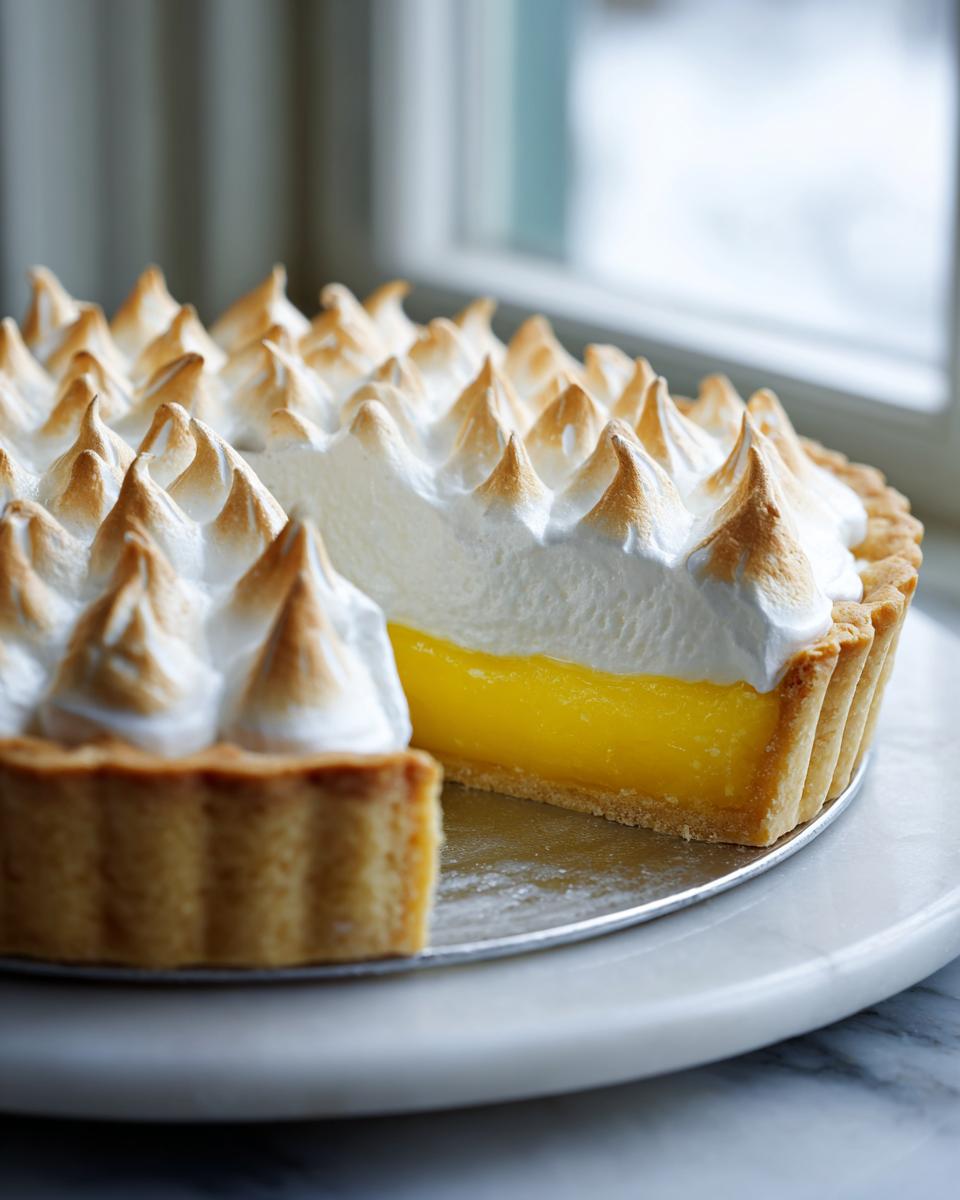 A slice removed from a beautiful lemon meringue tart showing bright yellow filling and peaked, toasted meringue.