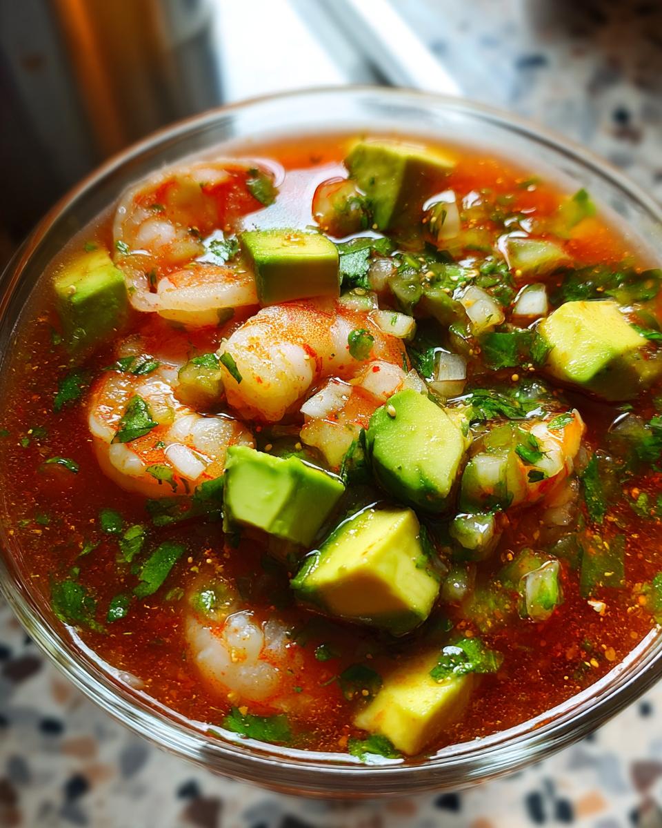 Close-up of vibrant mexican shrimp cocktail in a glass with shrimp, avocado chunks, and cilantro.