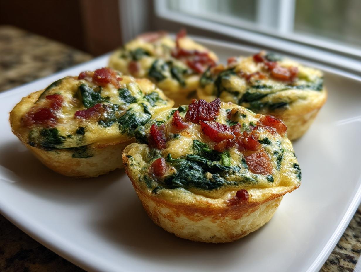 Four golden baked mini quiche muffins topped with spinach and crispy bacon bits served on a white square plate.