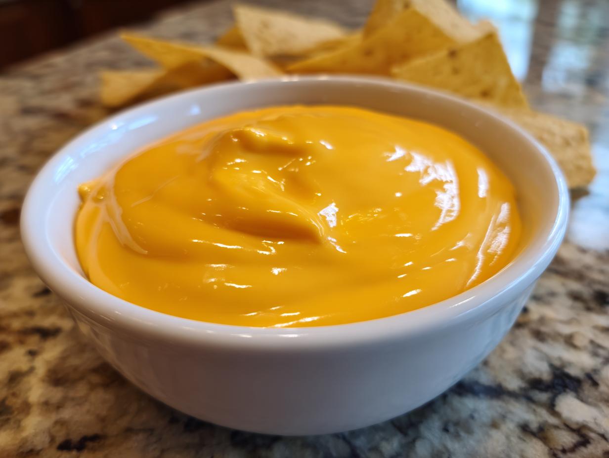 Close-up of a small white bowl filled with smooth, bright orange nacho cheese dip, with tortilla chips blurred in the background.
