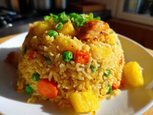 A mound of golden pineapple fried rice featuring visible chunks of pineapple, carrots, and peas, topped with green onions.
