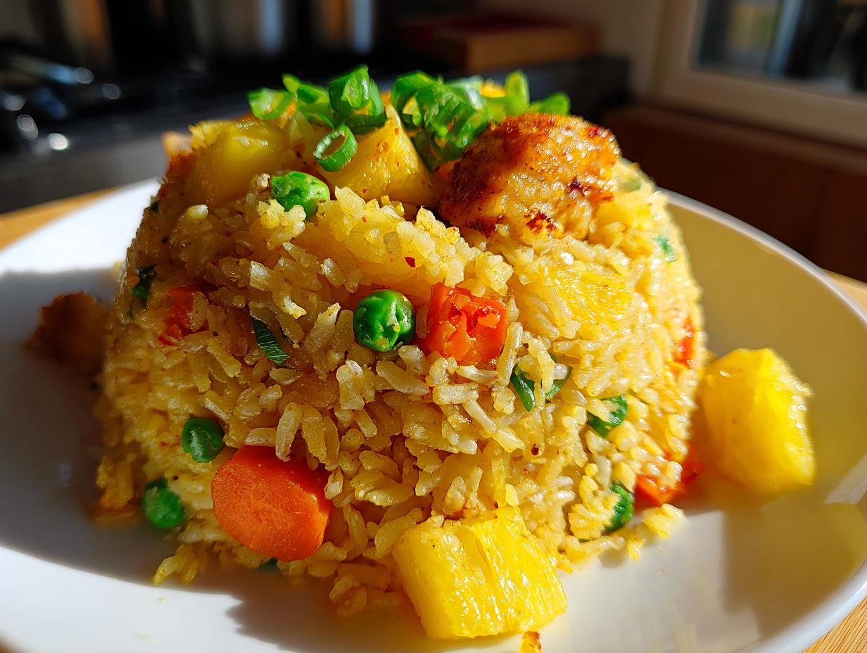 A mound of golden pineapple fried rice featuring visible chunks of pineapple, carrots, and peas, topped with green onions.