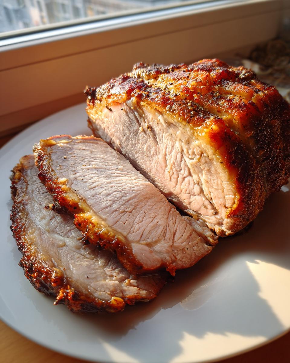 A perfectly cooked pork loin roast, partially sliced, showing a juicy interior and crispy seasoned crust.