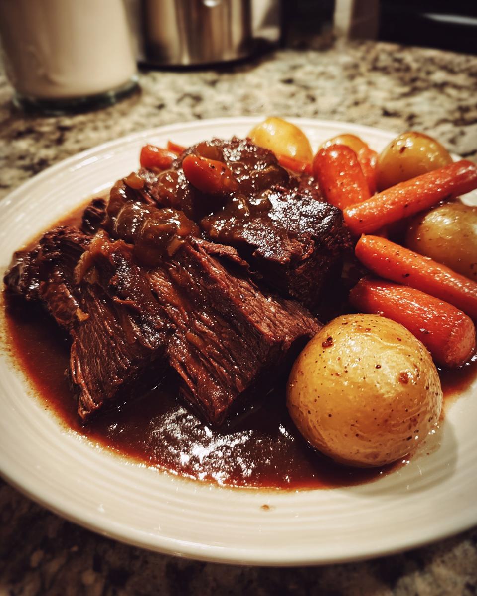 Close-up of a plate featuring tender, shredded pot roast served with whole small potatoes and carrots in rich gravy.