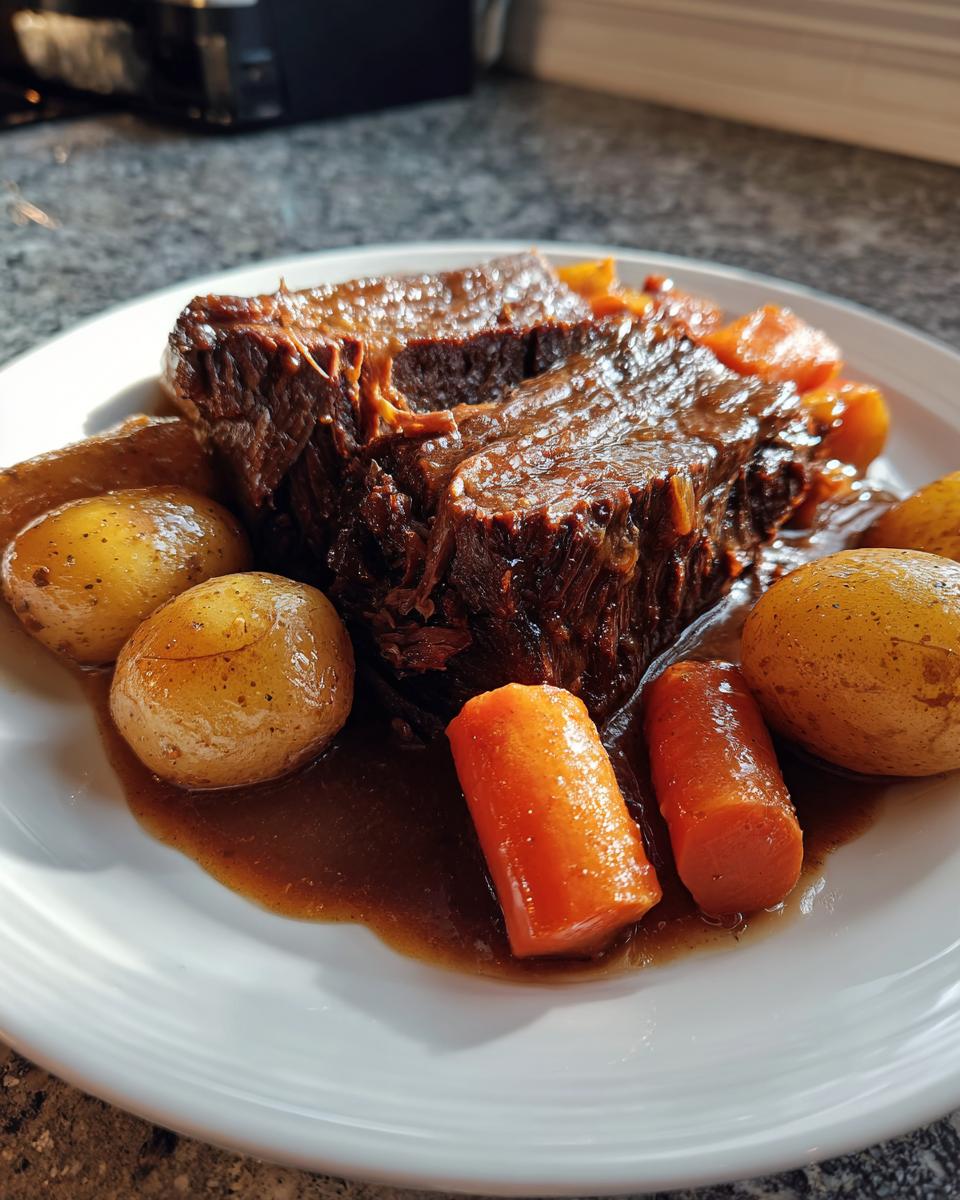 A serving of incredibly tender pot roast covered in rich gravy, surrounded by whole small potatoes and carrots.