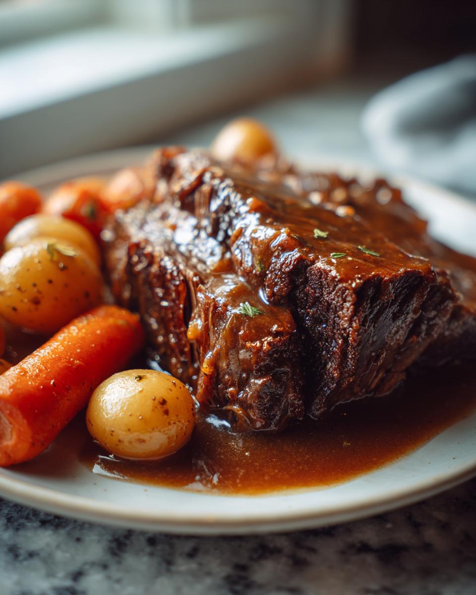 A close-up of a tender pot roast covered in rich brown gravy, served with small potatoes and carrots.