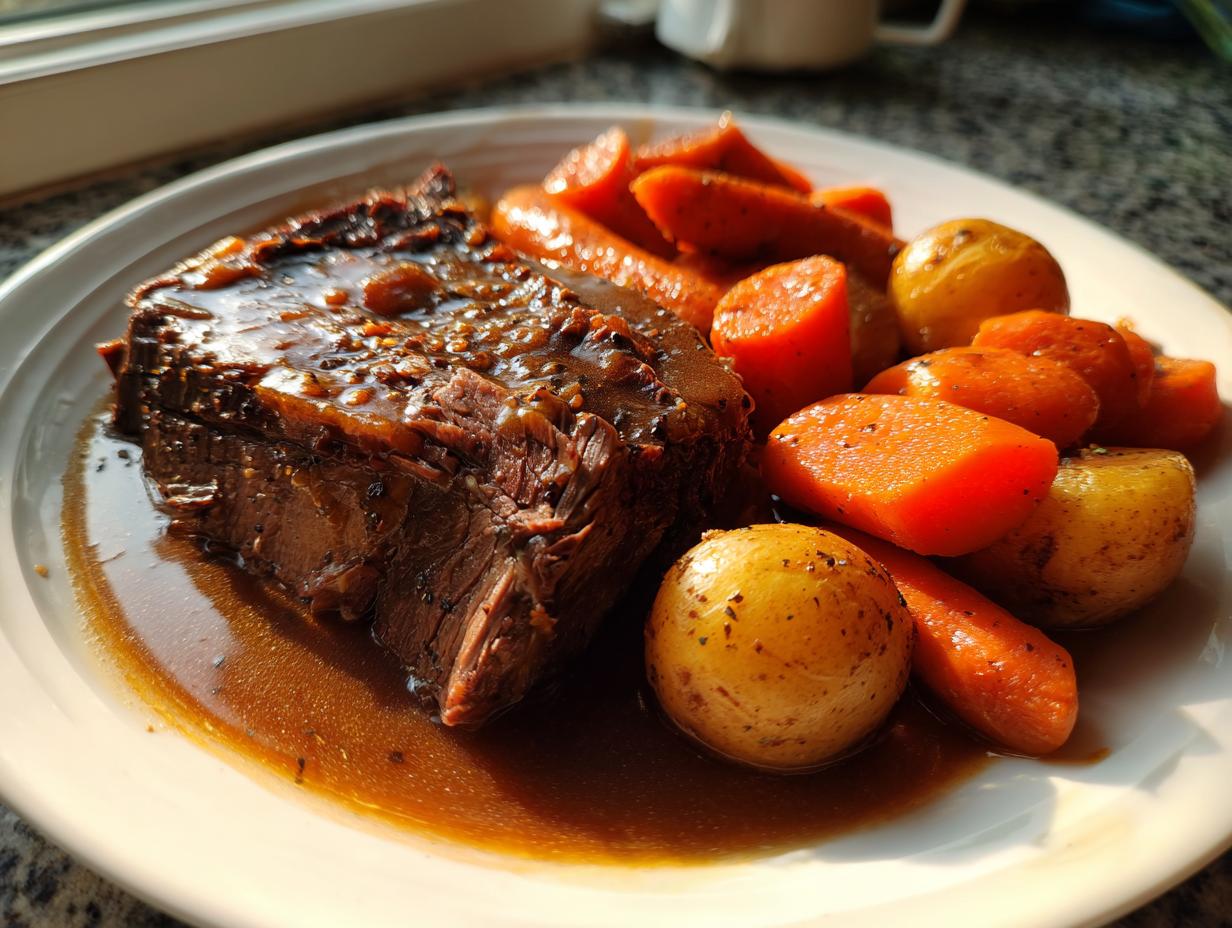 A serving of tender pot roast covered in rich gravy, served alongside roasted carrots and small potatoes.