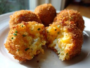 Close-up of amazing potato croquettes, one broken open revealing a melted cheese center.