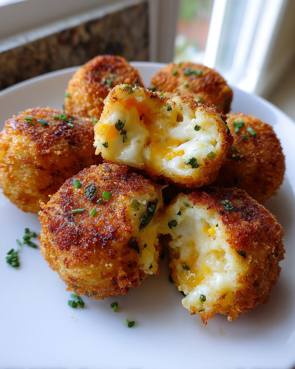 Close-up of golden brown potato croquettes, one broken open revealing a melted cheese and potato interior.