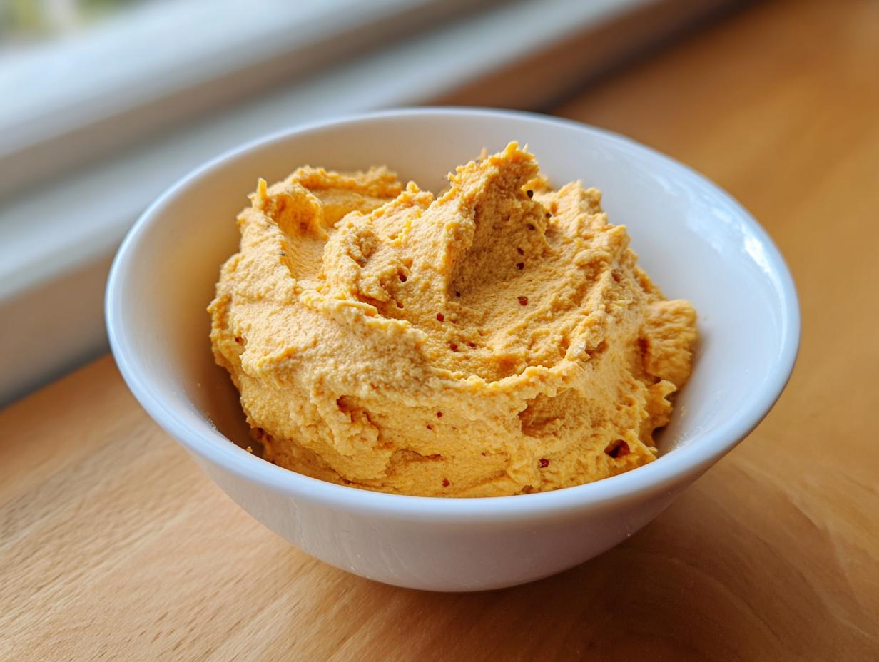 A close-up of creamy, orange pumpkin fluff served in a small white bowl on a wooden surface.