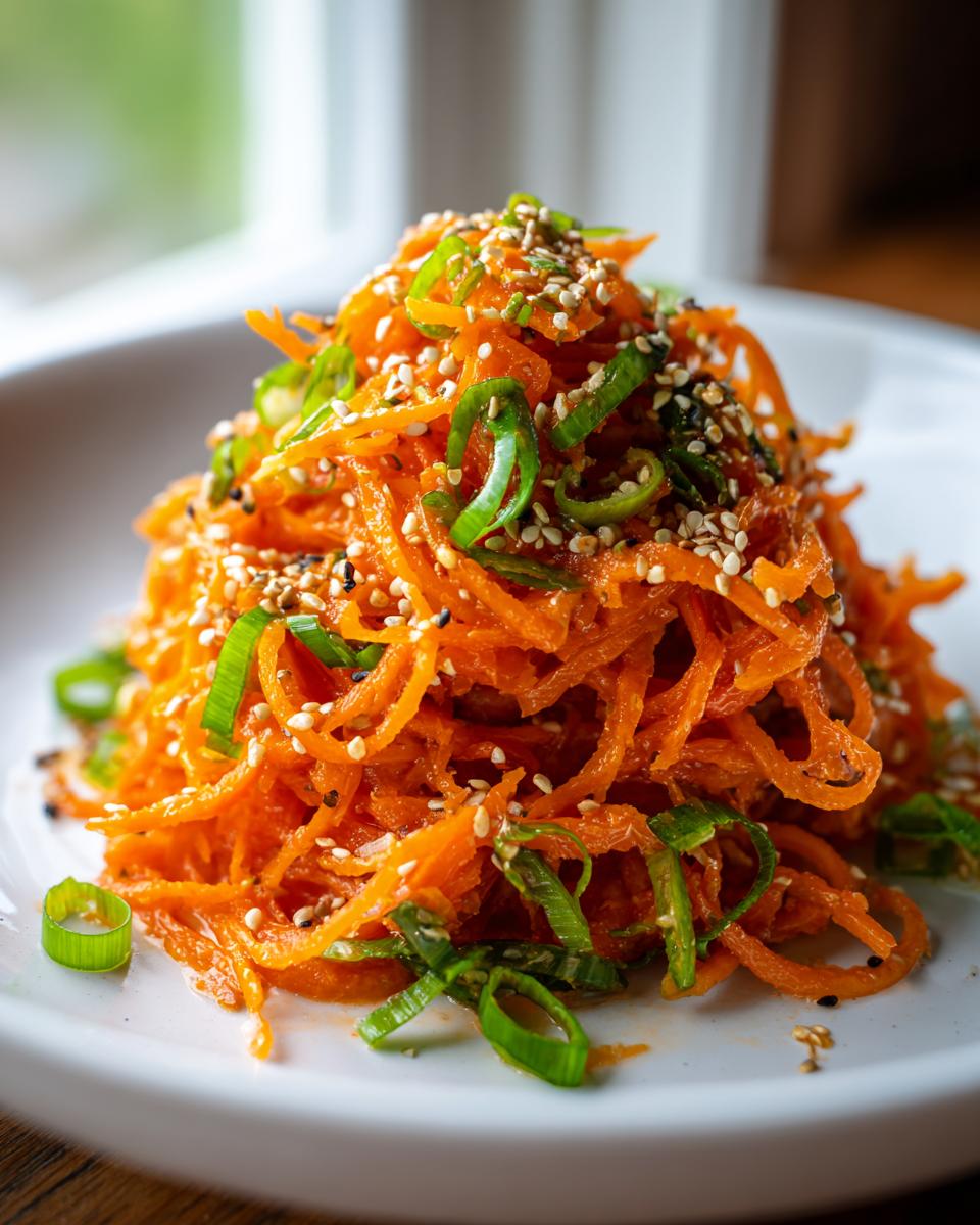 A mound of bright orange raw carrot salad, topped with green onions and toasted sesame seeds.