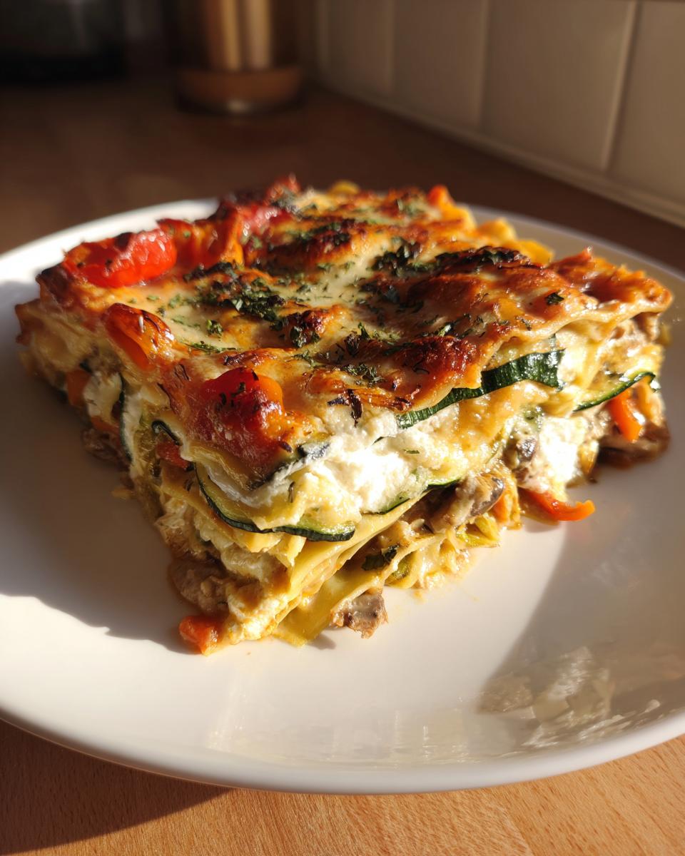 A generous slice of amazing roasted vegetable lasagna showing layers of pasta, zucchini, cheese, and a browned top.
