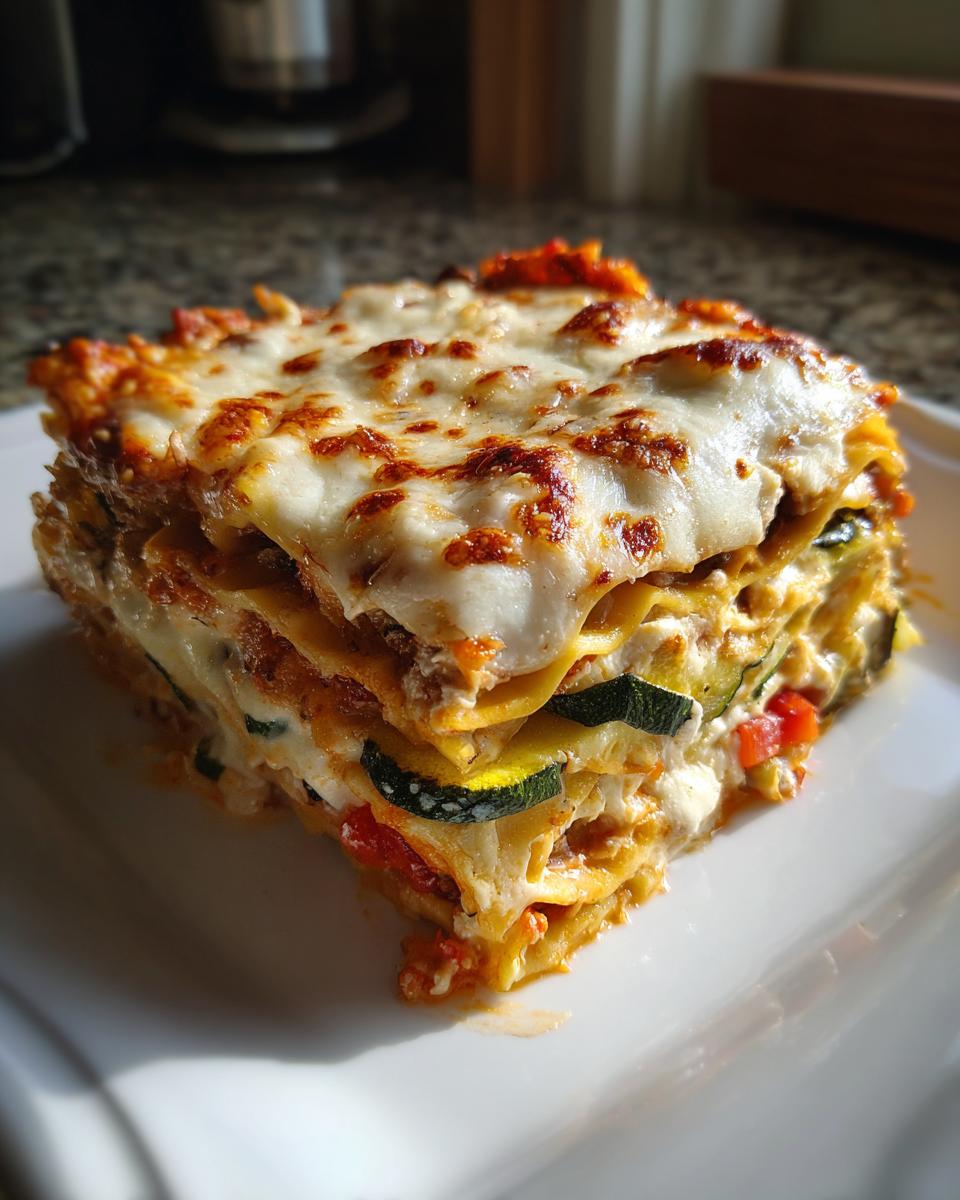 A thick, multi-layered slice of amazing roasted vegetable lasagna topped with bubbly, browned mozzarella cheese.
