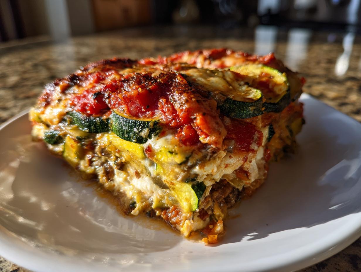 A close-up slice of amazing roasted vegetable lasagna featuring layers of zucchini, cheese, and rich tomato sauce.