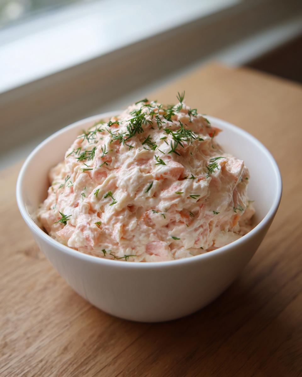 A generous serving of creamy, pink smoked salmon dip topped with fresh dill in a white bowl.
