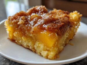 Close-up of a square slice of moist southern peach cobbler with caramelized topping.
