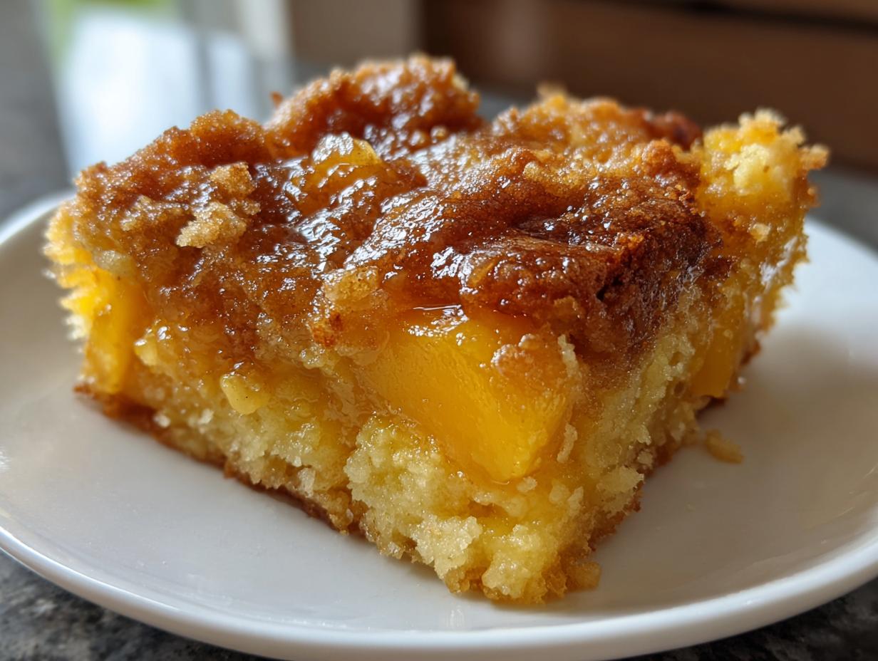 Close-up of a square slice of moist southern peach cobbler with caramelized topping.
