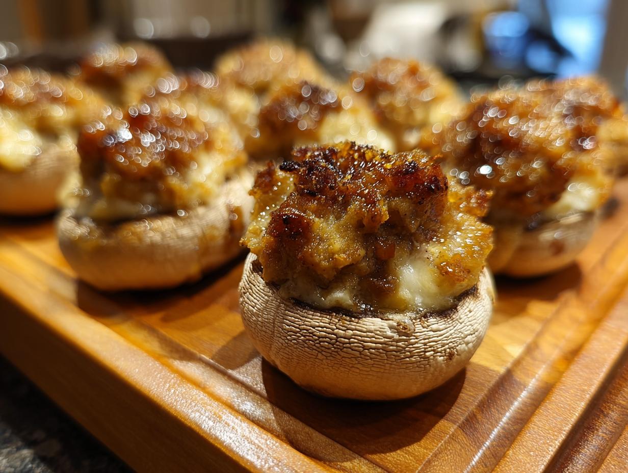 Close-up of several golden-brown stuffed mushrooms with a cheesy, savory topping, resting on a wooden serving board.