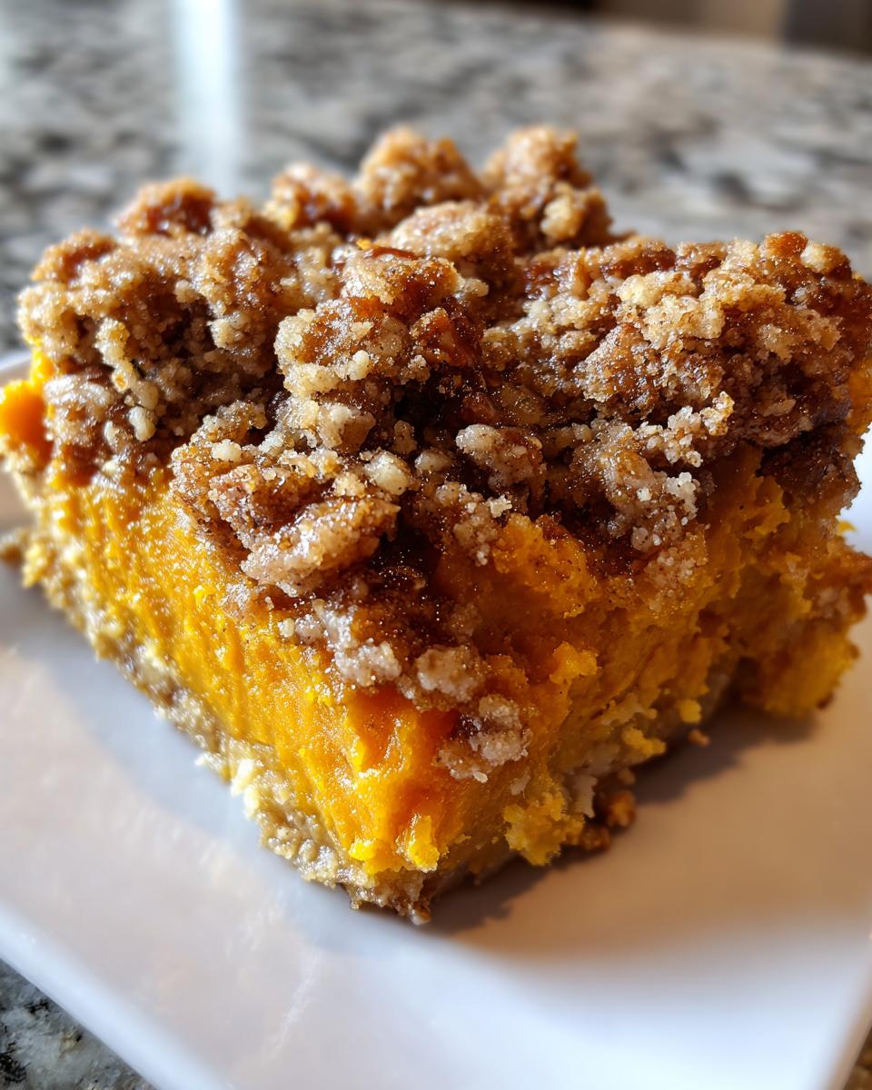 A close-up, square slice of bright orange sweet potato casserole topped with a thick, sugary brown streusel crumb topping.