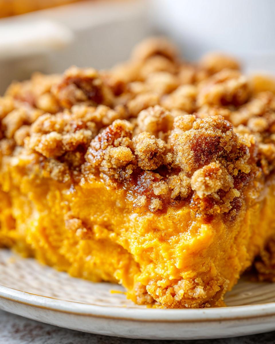 A close-up view of a serving of amazing sweet potato casserole topped with a thick, crunchy brown sugar pecan crumble.