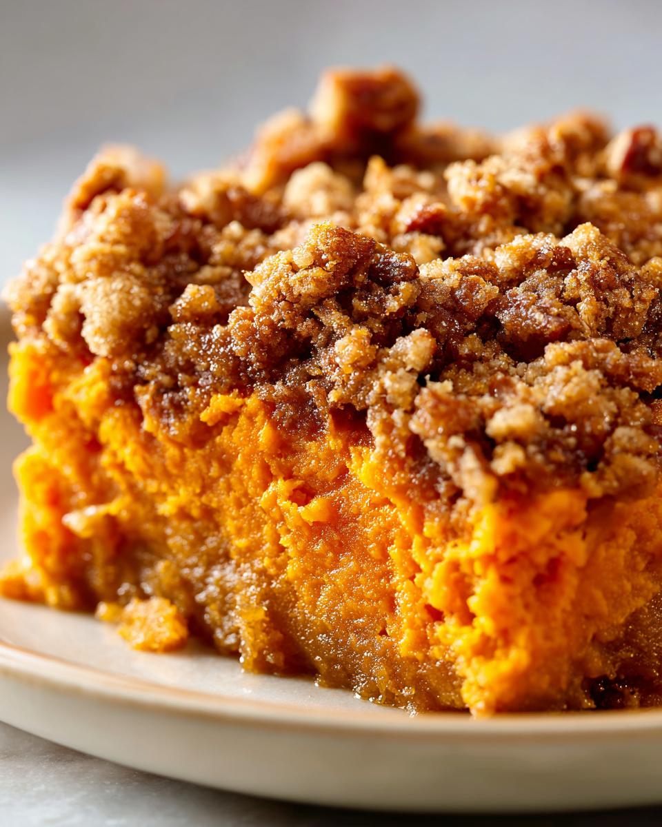 A close-up, macro shot of a rich, orange slice of sweet potato casserole topped with a crunchy brown sugar pecan crumble.