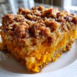 Close-up of a moist slice of sweet potato casserole topped with a crunchy pecan streusel topping.