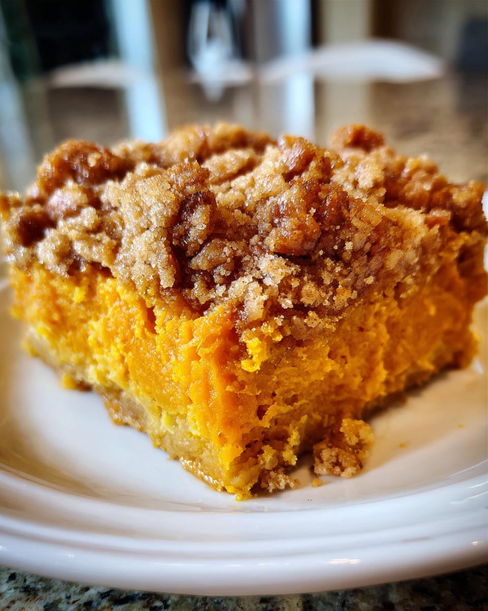 A close-up of a square serving of bright orange sweet potato casserole topped with a thick, brown sugar pecan crumb topping.