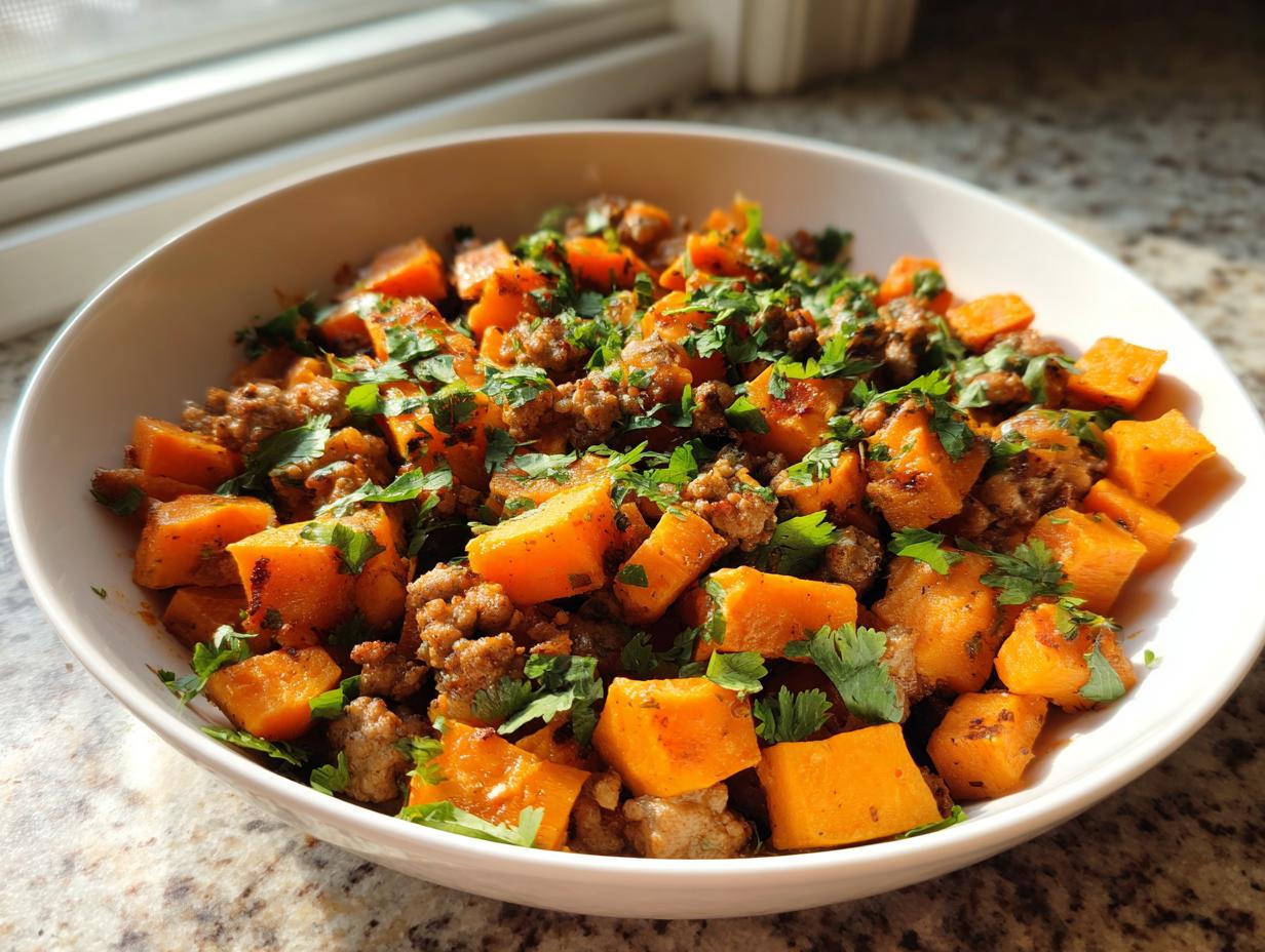 A close-up of a hearty sweet potato skillet featuring diced orange sweet potatoes and ground meat, topped with fresh cilantro.