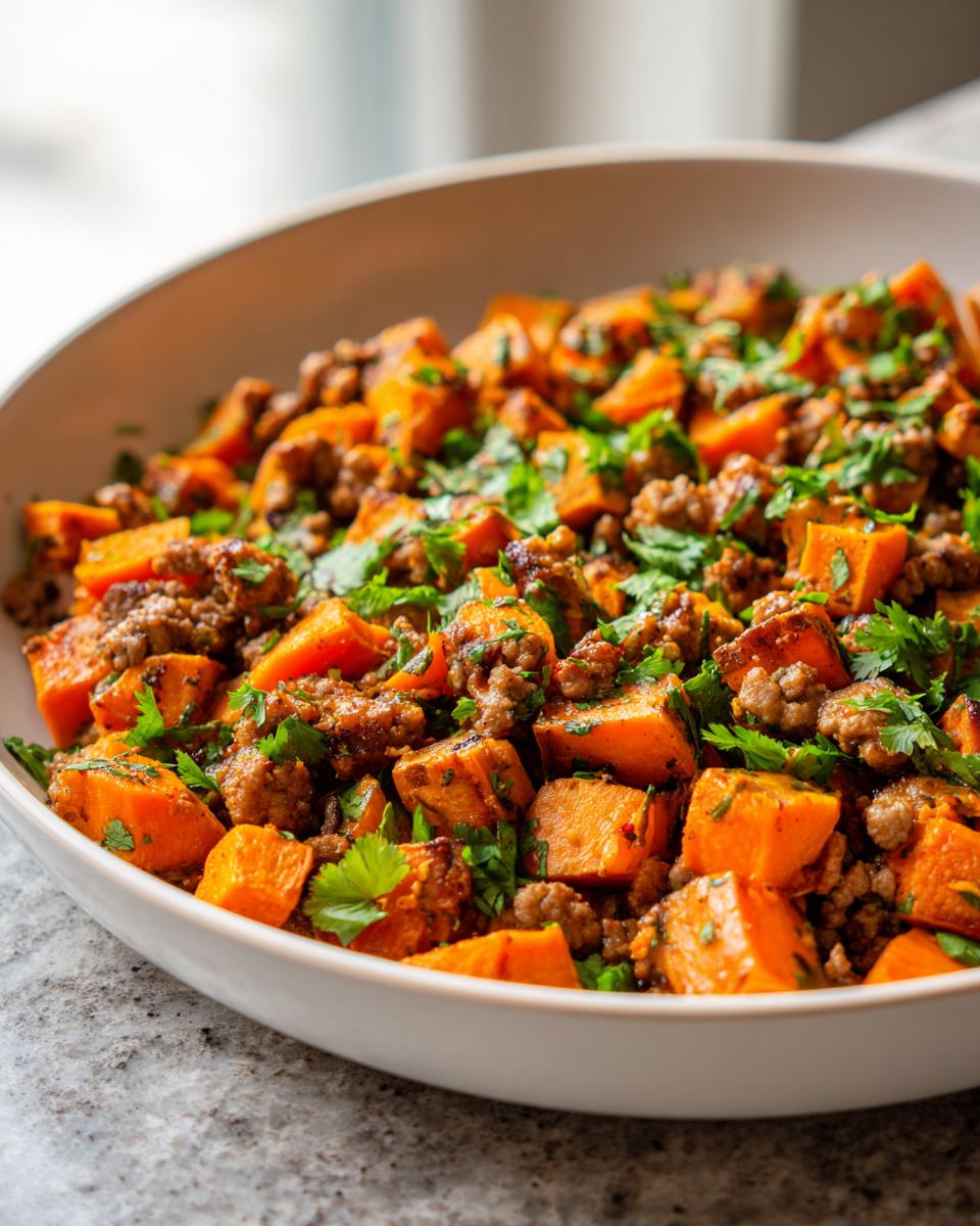 Close-up of a white bowl filled with a savory sweet potato skillet featuring diced orange sweet potatoes, ground meat, and fresh green cilantro.
