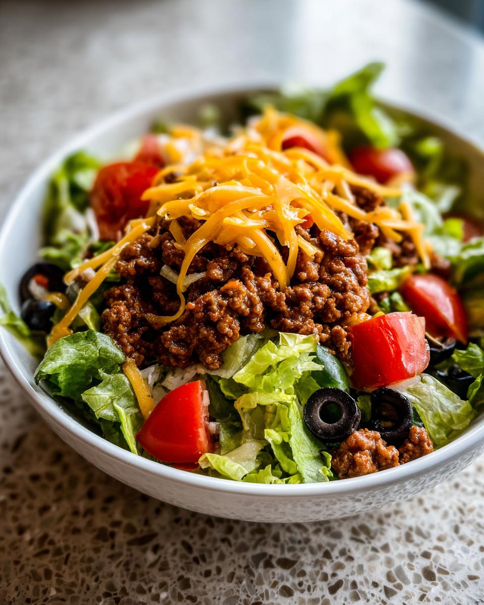 A close-up view of a fresh taco salad featuring seasoned ground beef, shredded cheddar cheese, lettuce, tomatoes, and black olives.