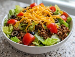 A vibrant bowl of taco salad featuring lettuce, seasoned ground beef, shredded cheese, tomatoes, and black olives.