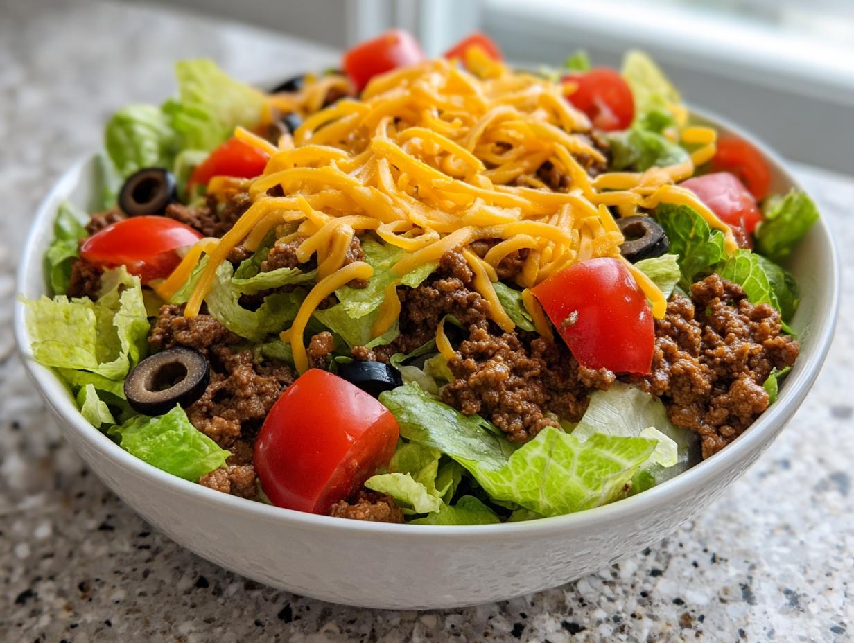 A vibrant bowl of taco salad featuring lettuce, seasoned ground beef, shredded cheese, tomatoes, and black olives.