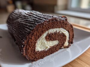 Cross-section view of a rich chocolate yule log cake filled with white cream, dusted with powdered sugar.
