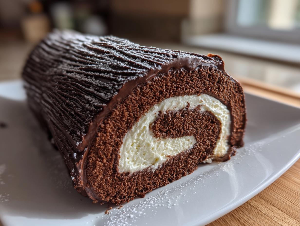 Cross-section view of a rich chocolate yule log cake filled with white cream, dusted with powdered sugar.