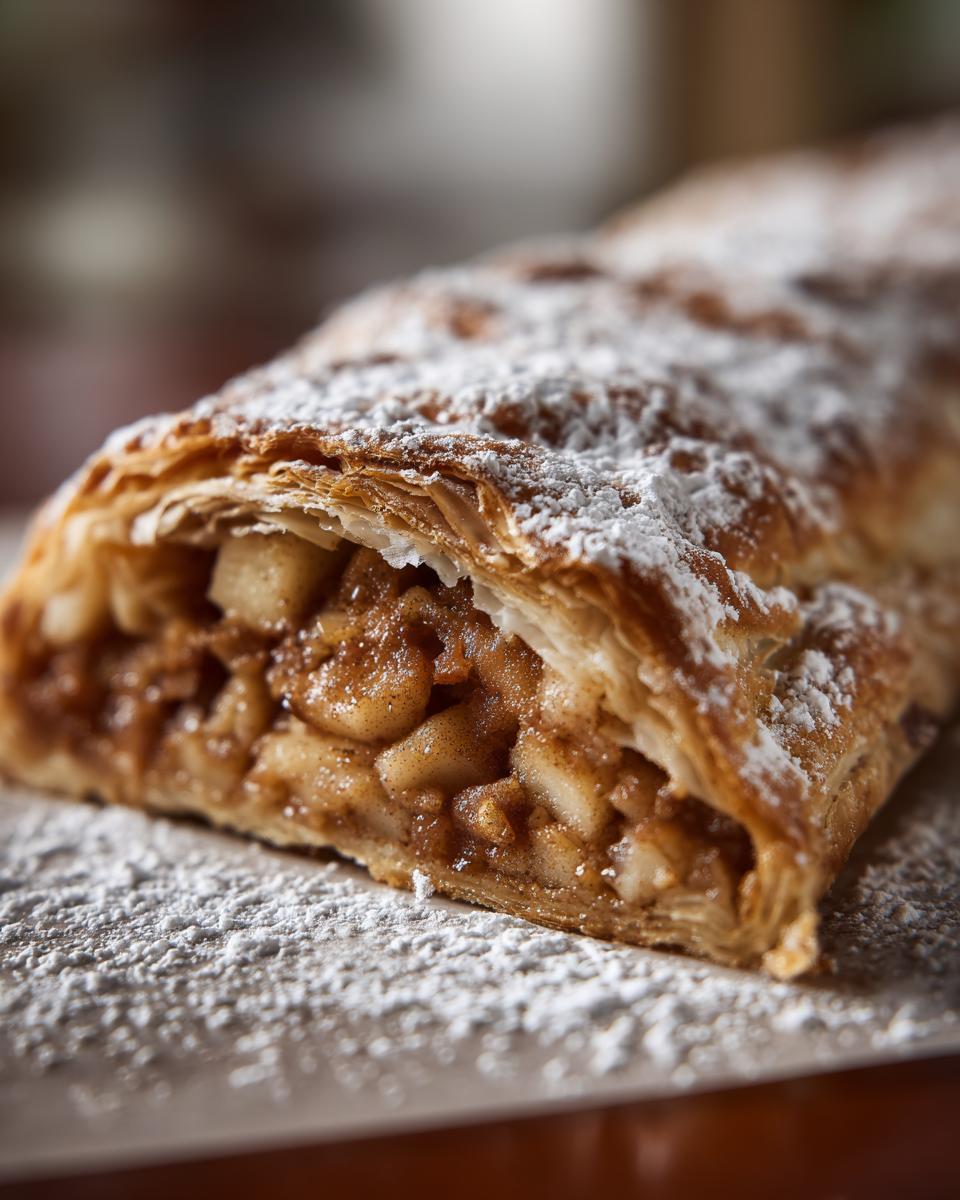 A close-up, cross-section view of a flaky apple strudel generously dusted with powdered sugar.