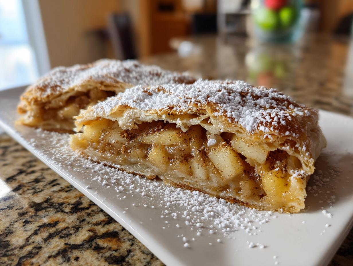 Two slices of flaky apple strudel filled with spiced apples, dusted heavily with powdered sugar.