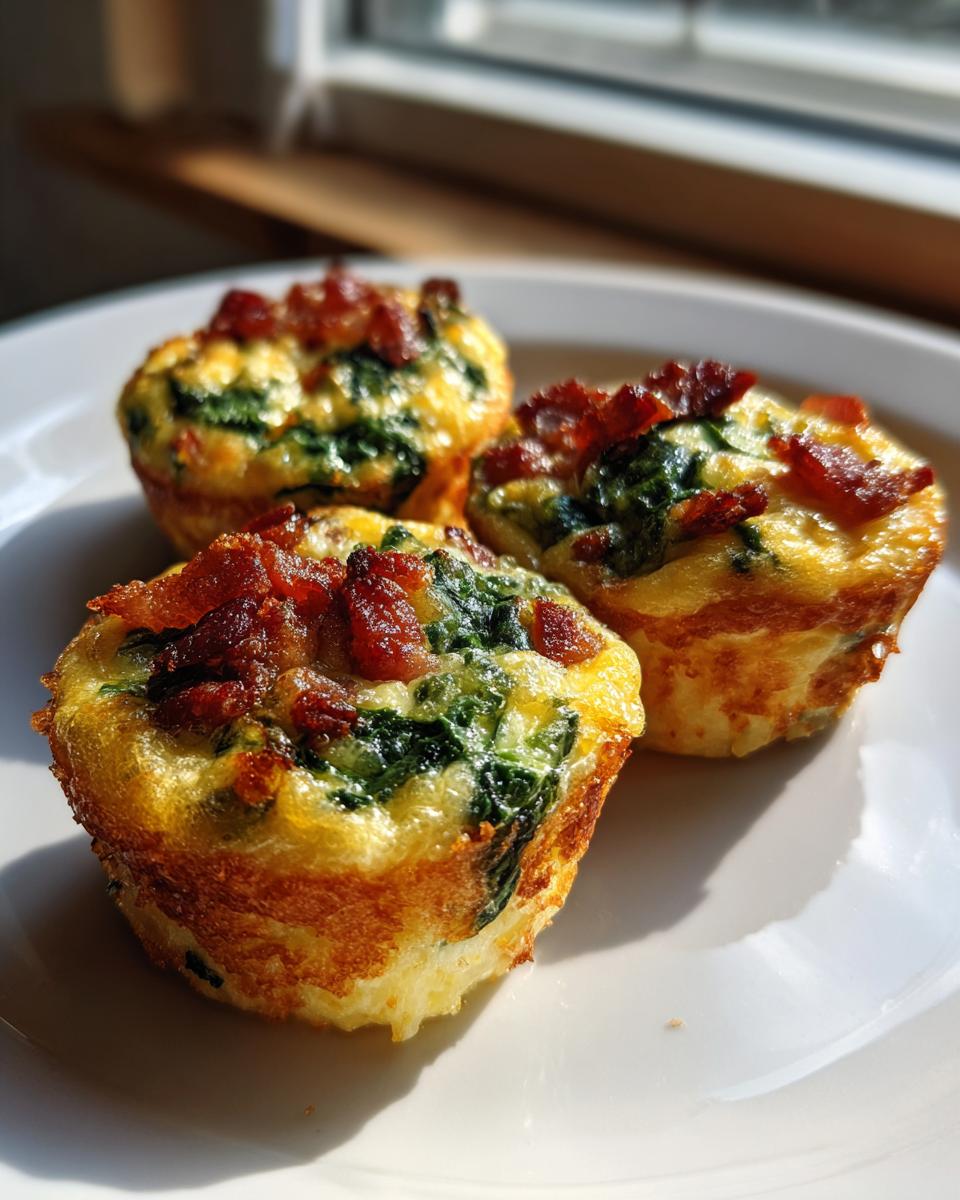 Three golden-brown mini quiche muffins topped with crispy bacon and spinach on a white plate.