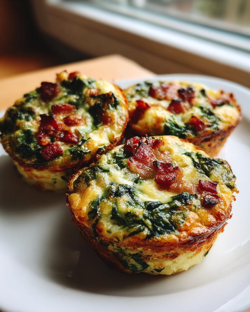 Three golden-brown mini quiche muffins filled with spinach and topped with crispy bacon pieces, served on a white plate.