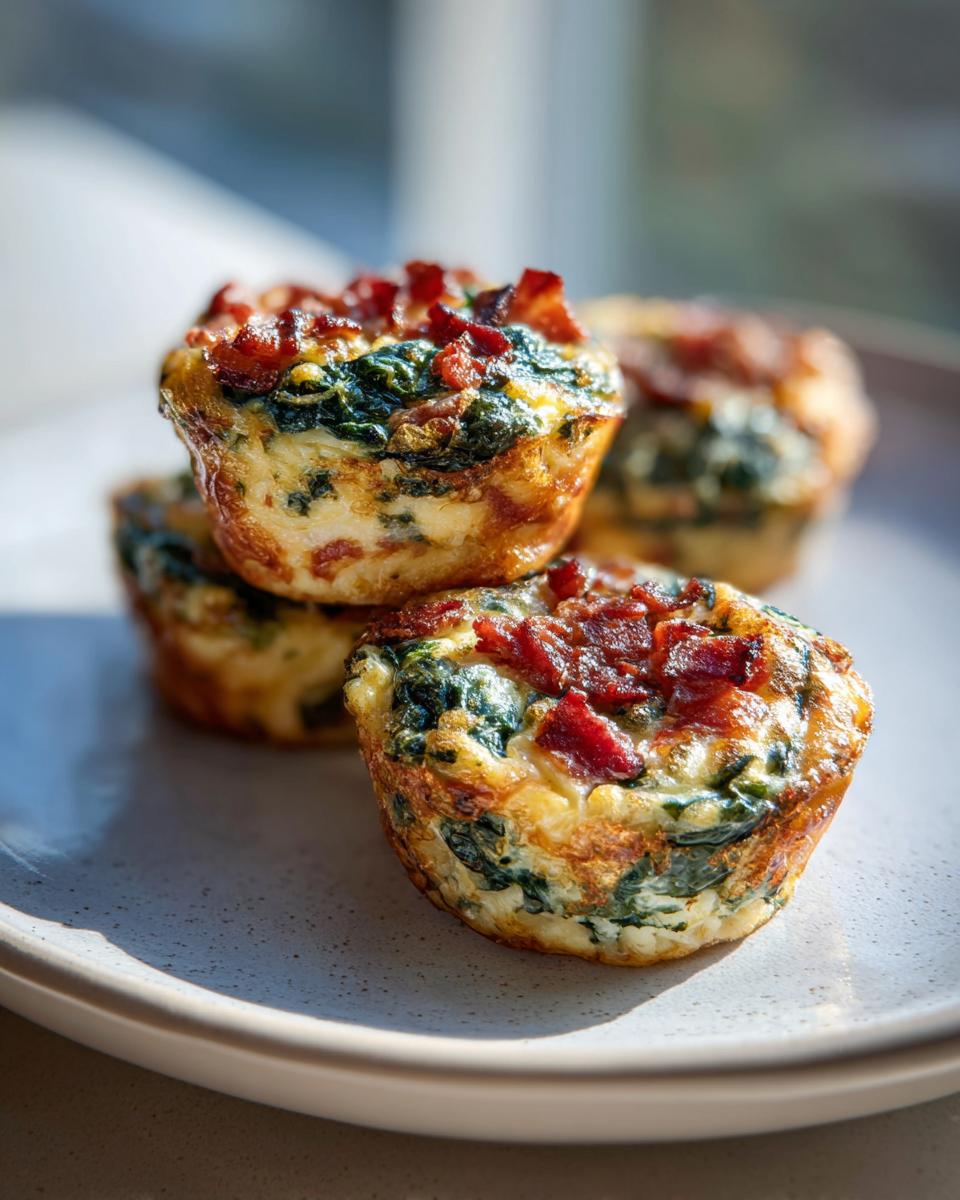 A stack of golden brown mini quiche muffins filled with spinach and topped with crispy bacon pieces.