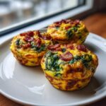 Three perfectly baked mini quiche muffins topped with crispy bacon and green spinach served on a white plate.