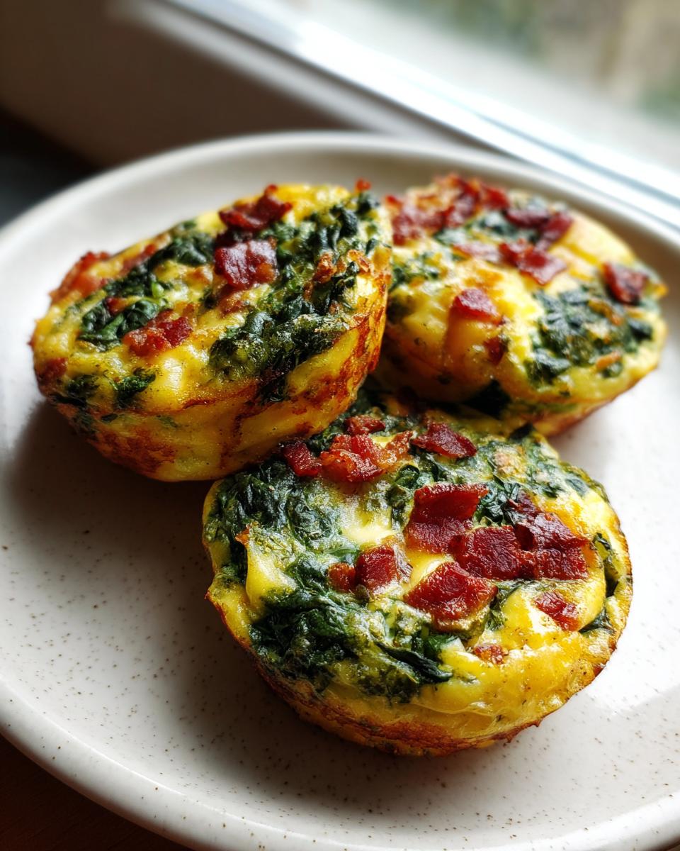 Three golden baked mini quiche muffins filled with spinach and topped with crispy bacon pieces.