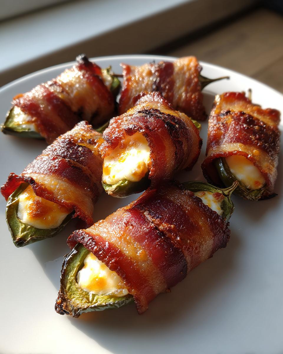 Close-up of five crispy Bacon-Wrapped Jalapeño Poppers stuffed with melted cheese on a white plate.