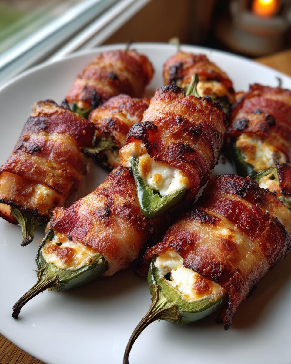A close-up of several freshly baked Bacon-Wrapped Jalapeño Poppers filled with melted cheese on a white plate.